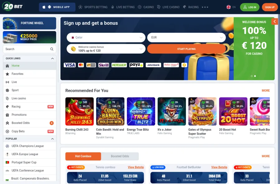 Screenshot of the official 20Bet casino website