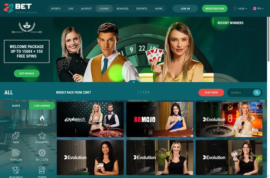Screenshot of the official 22Bet casino website