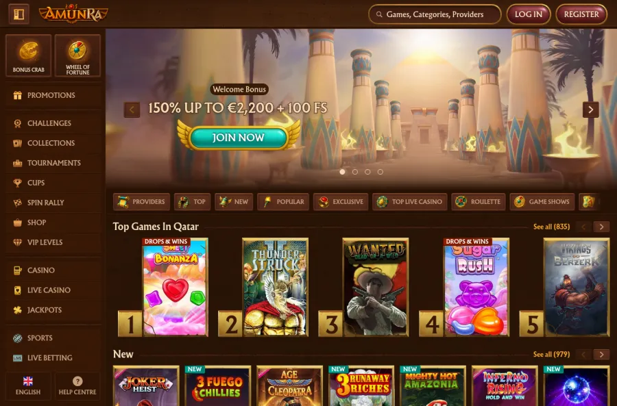 Screenshot of the official AmunRa casino website