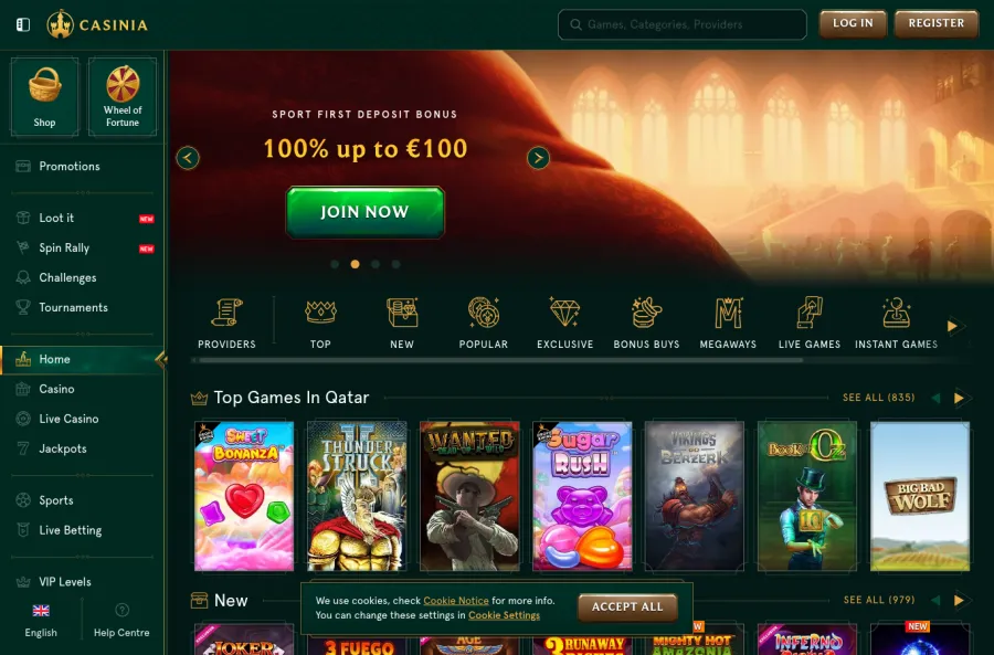 Screenshot of the official Casinia casino website