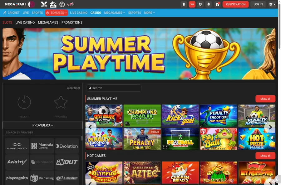 Screenshot of the official Megapari casino website