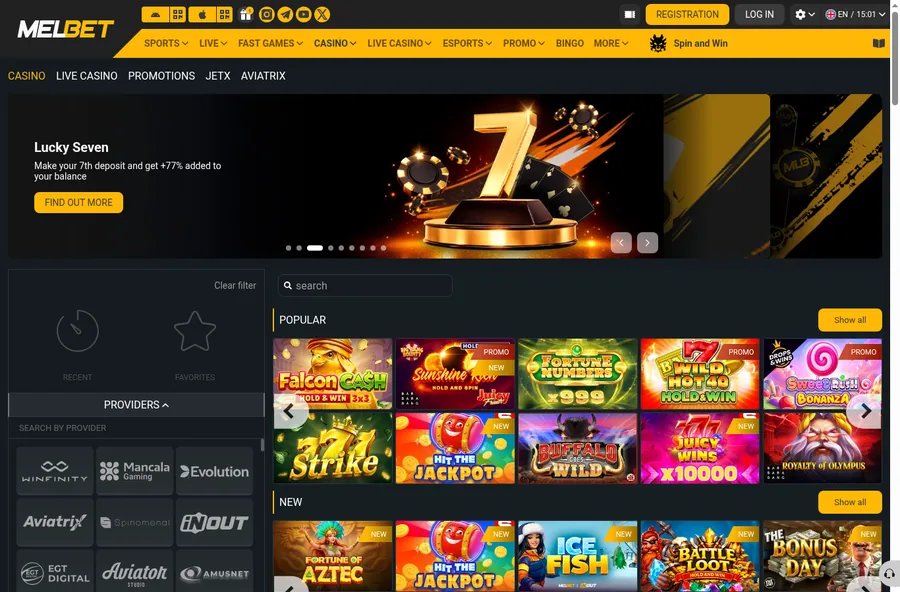 Screenshot of the official Melbet casino website