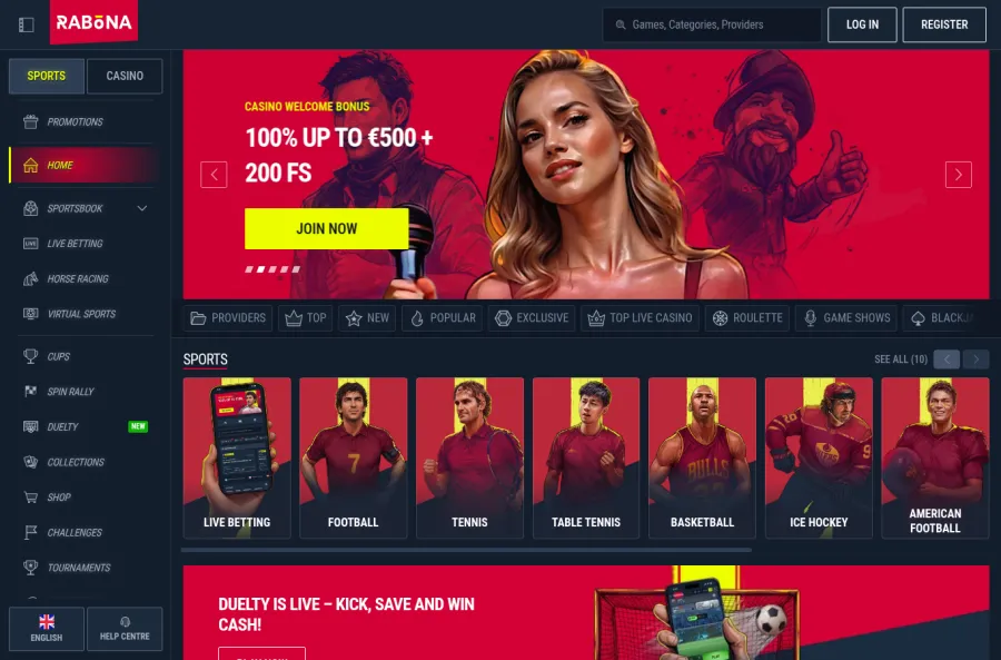 Screenshot of the official Rabona casino website