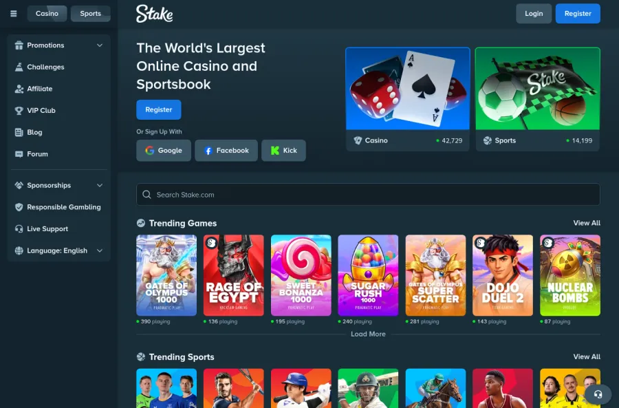 Screenshot of the official Stake casino website